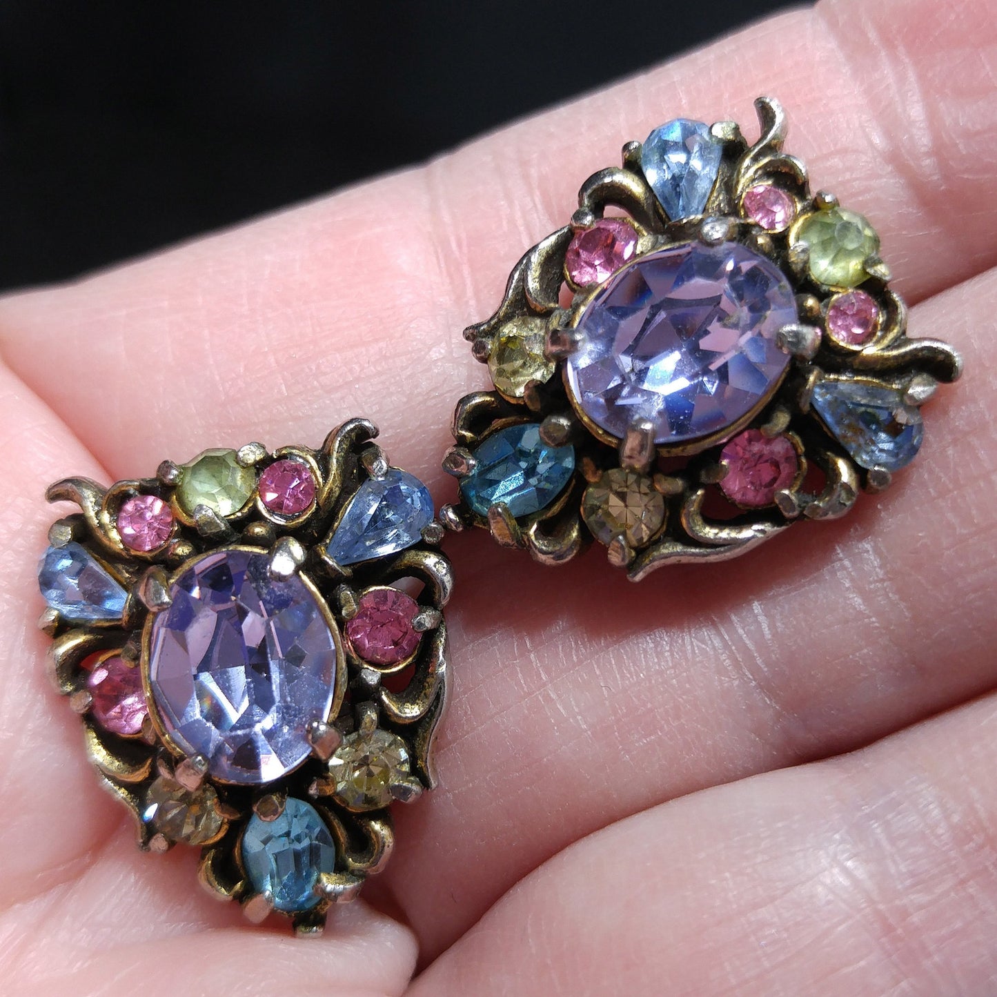 Hollycraft Pastel Rhinestone Earrings, Signed Copr 1950, Vintage Jewelry