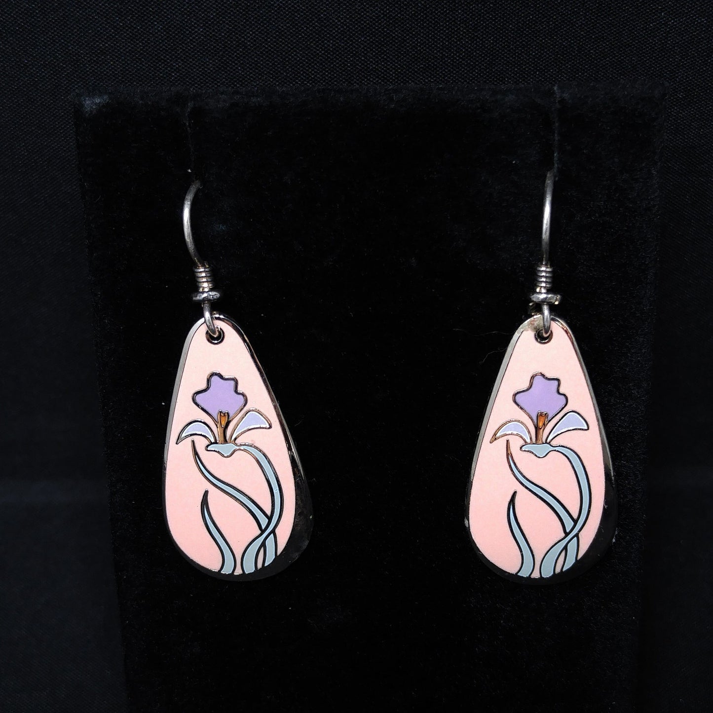 Laurel Burch "Wild Iris" Pink Enamel Earrings, Silver Tone, Gold Plated, 1980s