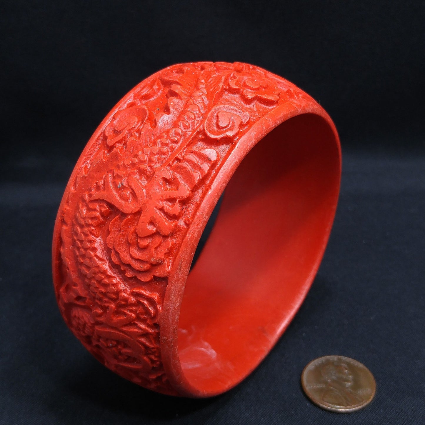 Chinese Carved Dragon Wide Bangle Bracelet, 1960 Vintage Jewelry