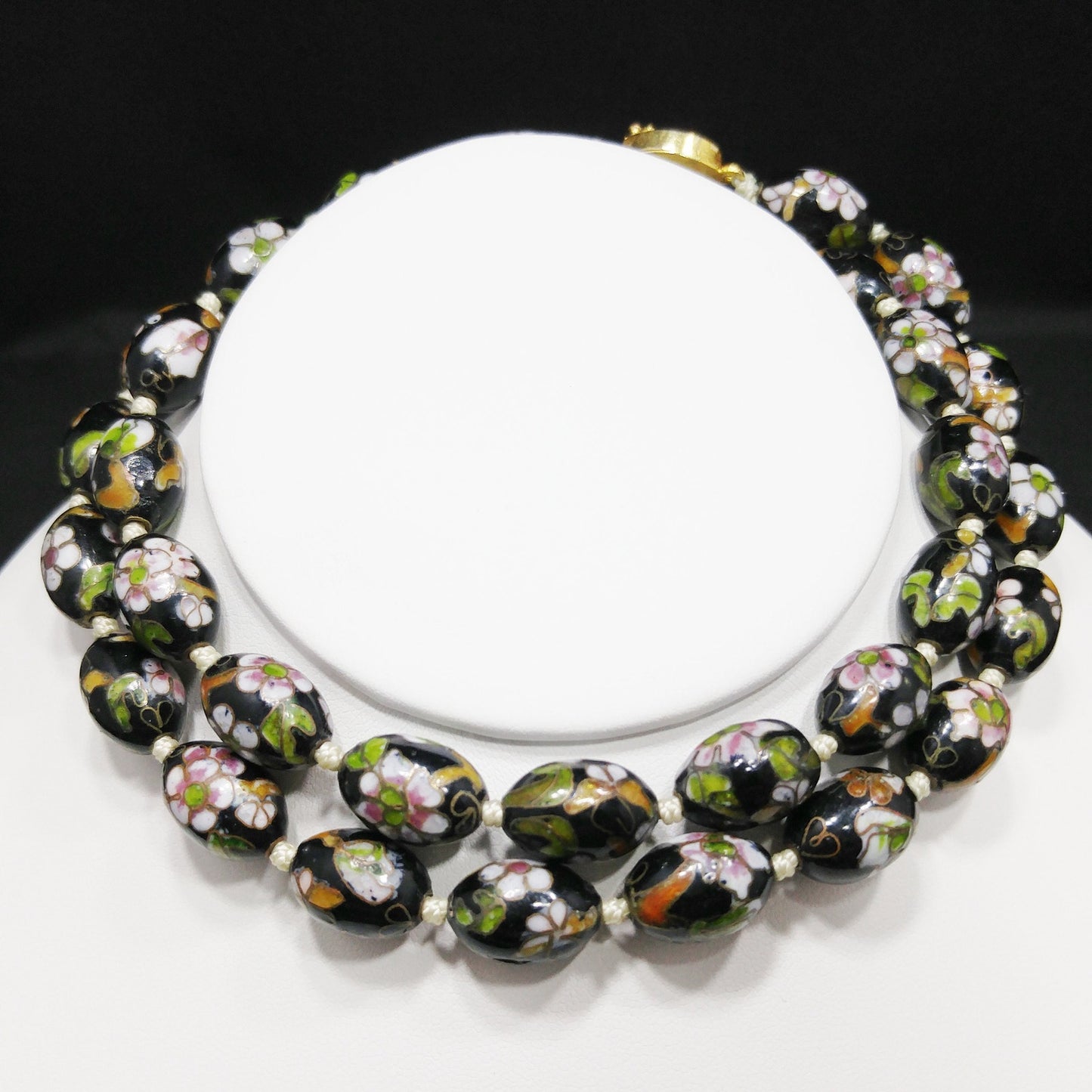 Vintage Cloisonné Beaded Necklace, Black Hand Painted Floral Beads, 1960s Vintage Jewelry