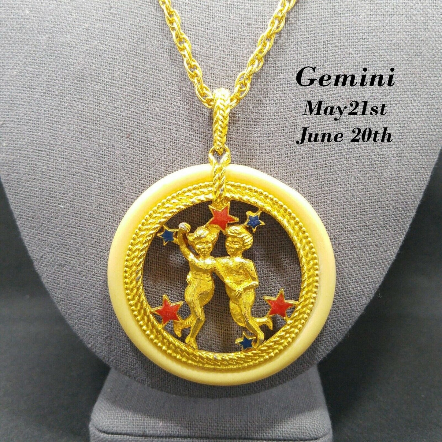Vintage Zodiac Gemini Enamel Lucite Pendant Necklace, Original Tag, 1960s Vintage Jewelry