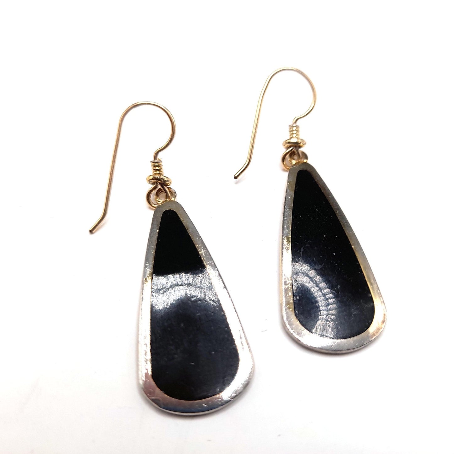 Vintage Laurel Burch Long Teardrop Black Enamel Earrings, Gold Plated 1980s