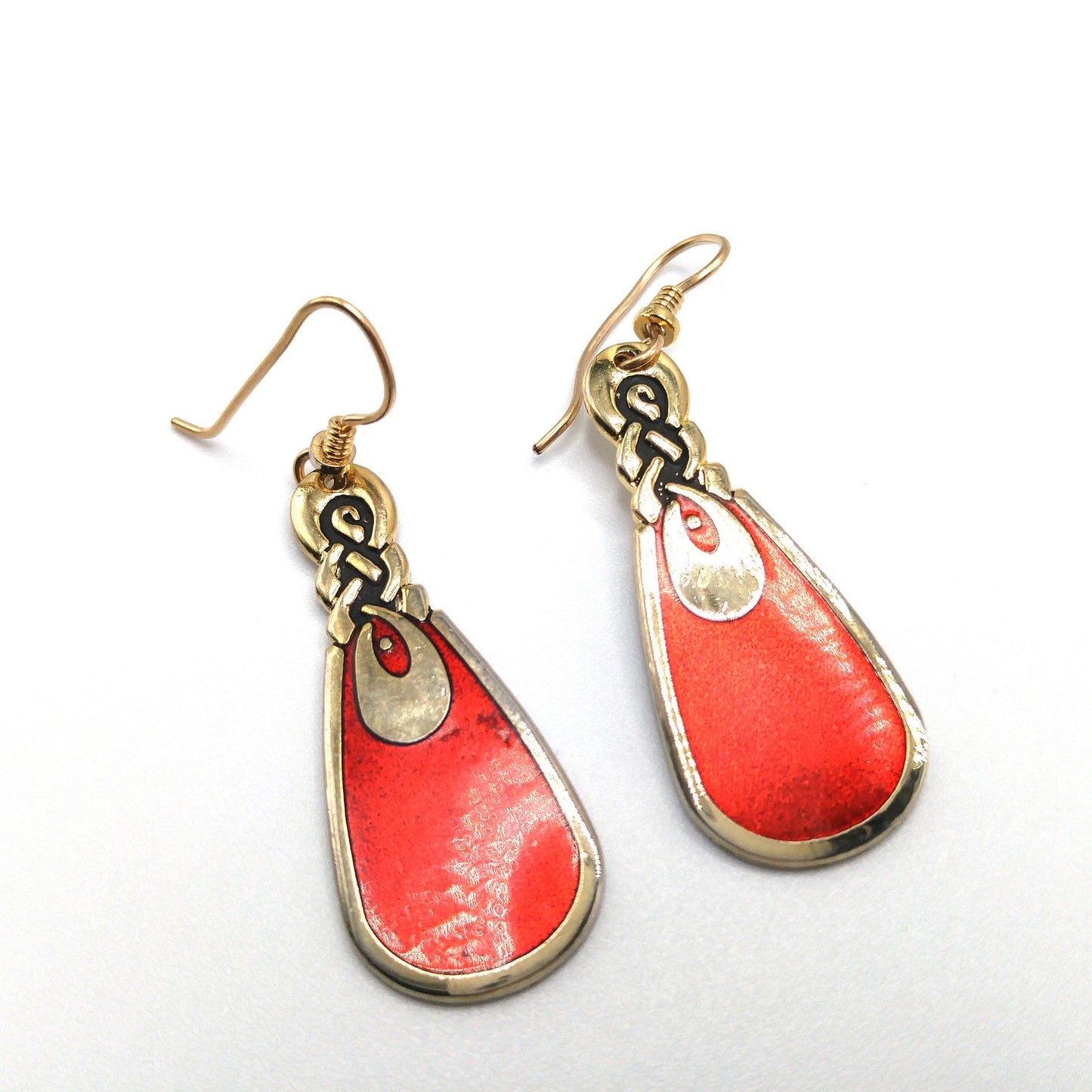 Vintage Laurel Burch Love Knot Earrings, Red Enamel, Gold Plated