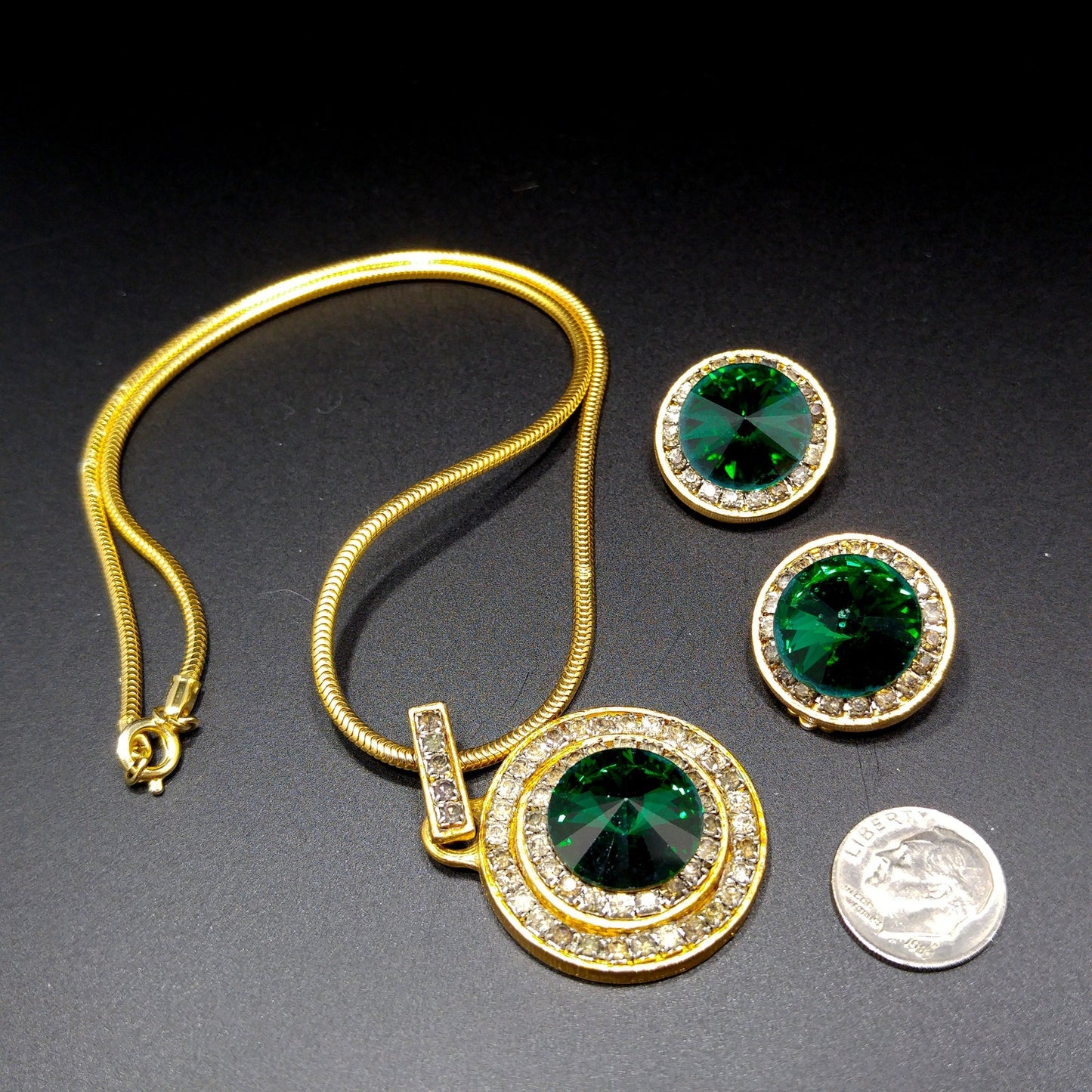 Vintage Green Rivoli Necklace & Earrings, Pave Clear Rhinestones, 1970s Vintage Jewelry