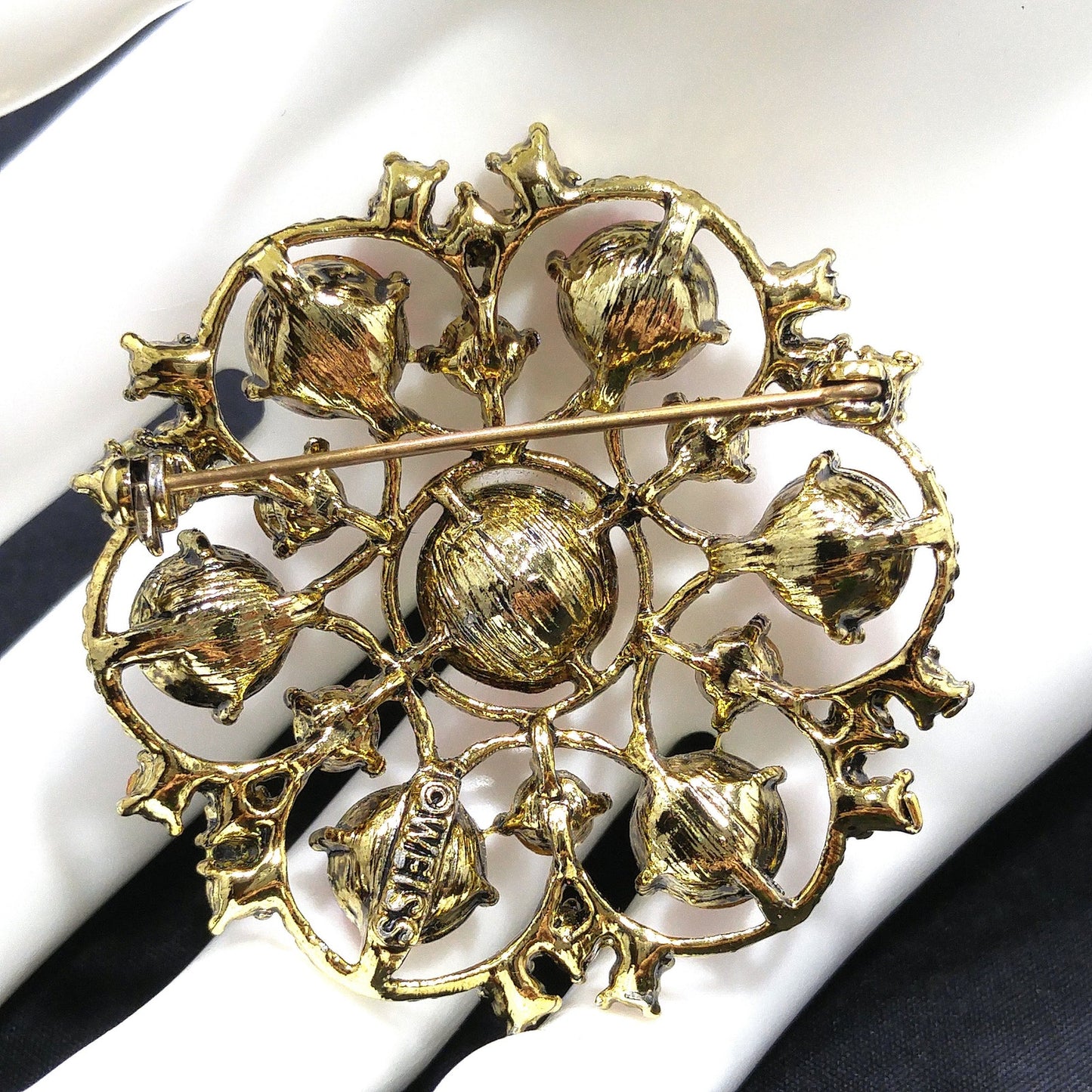 Weiss Pink Rhinestone Brooch, Antique Gold Rope Pin, 1960s Vintage Jewelry