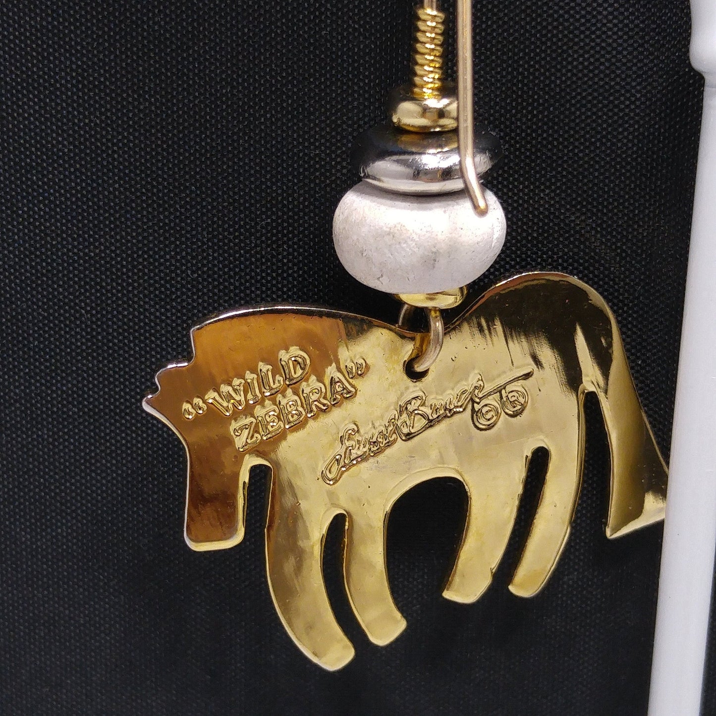 Laurel Burch "Wild Zebra" Earrings, Black White Enamel, Gold Plated, 1980s Vintage Jewelry