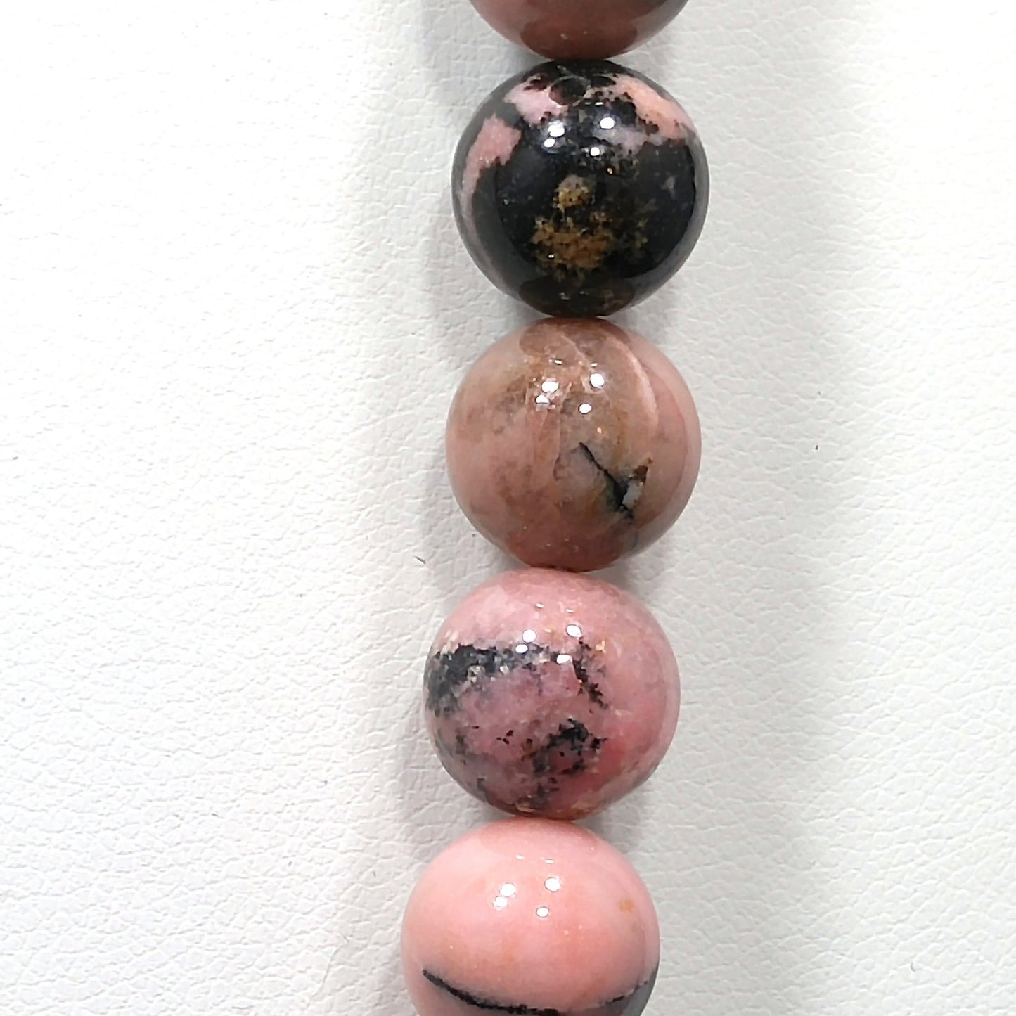 Pink Black Gemstone Beaded Necklace, Rhodonite 10mm Beads, 1970s Vintage Jewelry