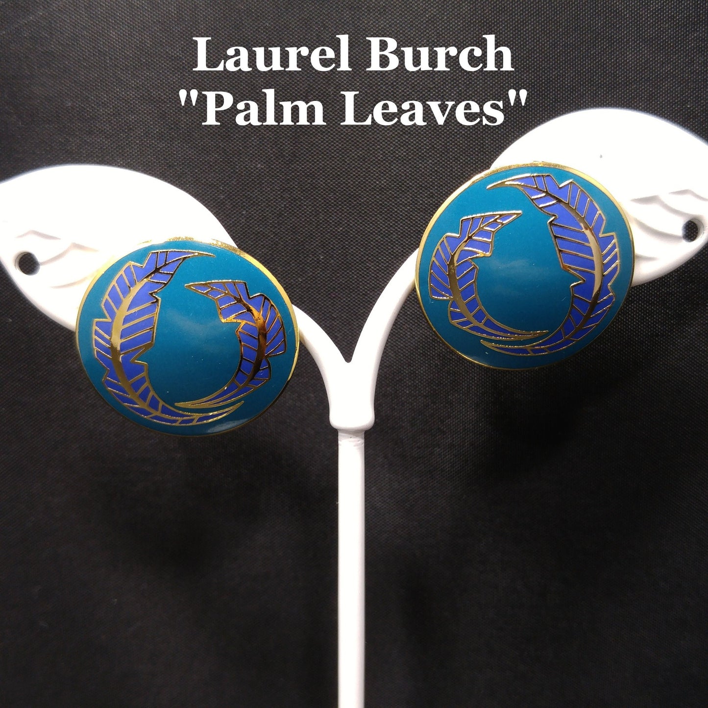 Vintage Laurel Burch "Palm Leaves" Teal Lavender Post Earrings, Gold Plated