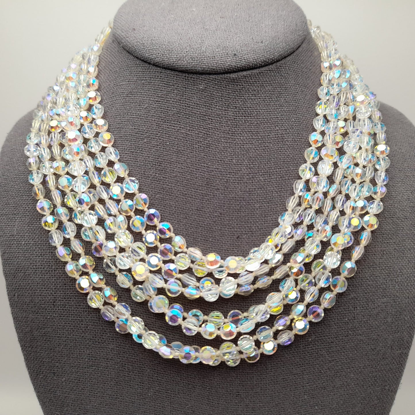 Vintage Flat Crystal Eight Strand Necklace, Hand-knotted, Aurora Borealis