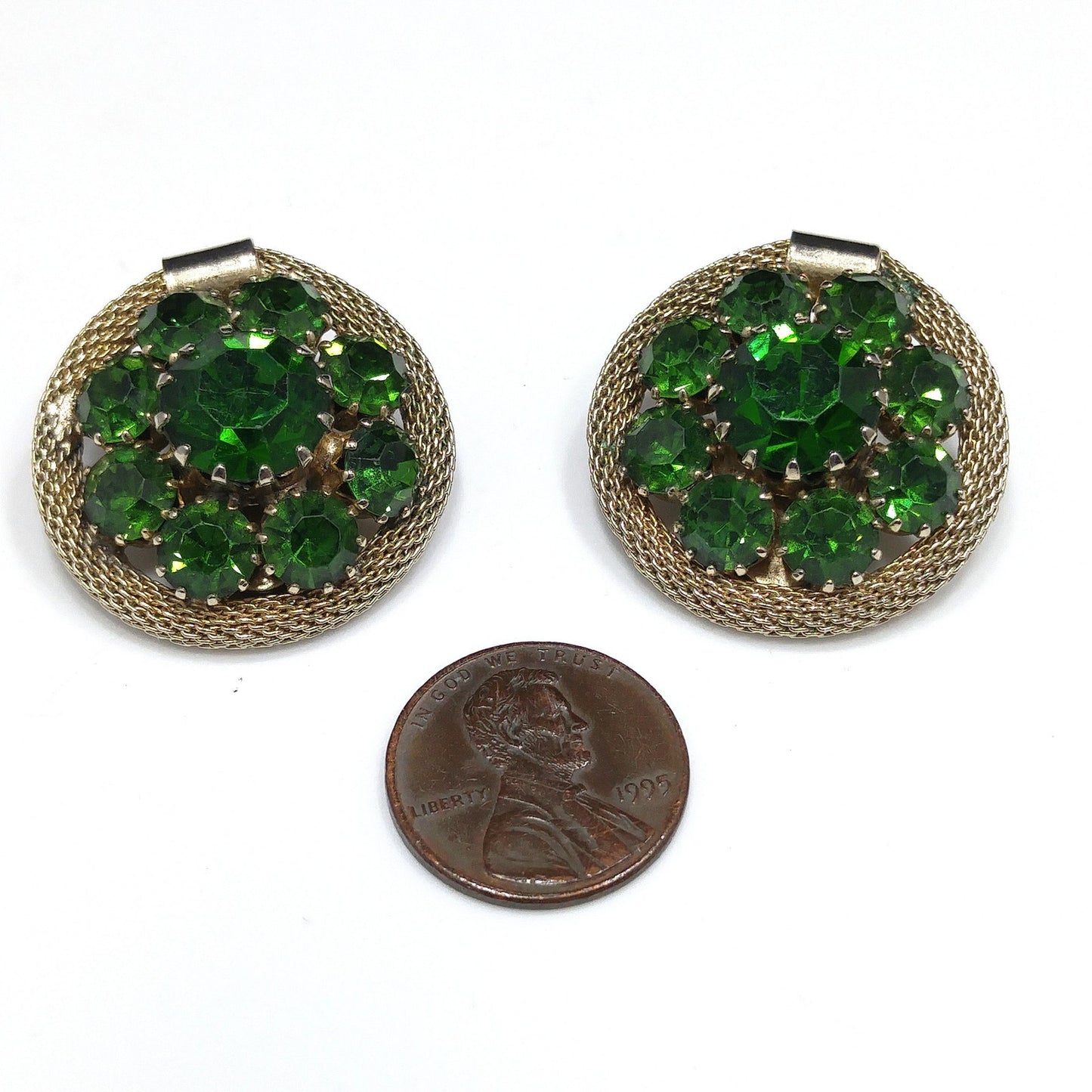 Weiss Green Rhinestone Gold Mesh Earrings, Emerald Green, Gold Plated, 1950s Vintage Jewelry