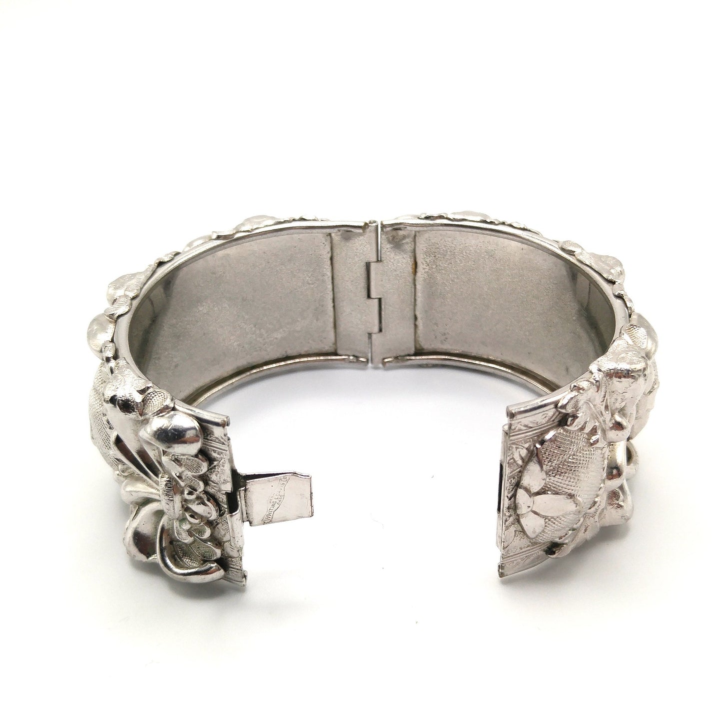 Whiting & Davis Floral Wide Hinged Bracelet, Rhodium Plated, Book Piece, 1970s Vintage Jewelry