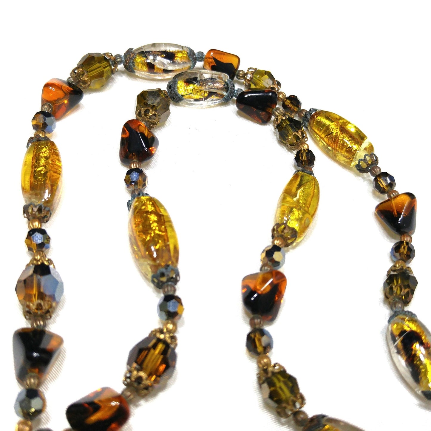 Gold Foil Art Glass Autumn Beaded Necklace, Multi-strand Tassel, 1970s Vintage Jewelry