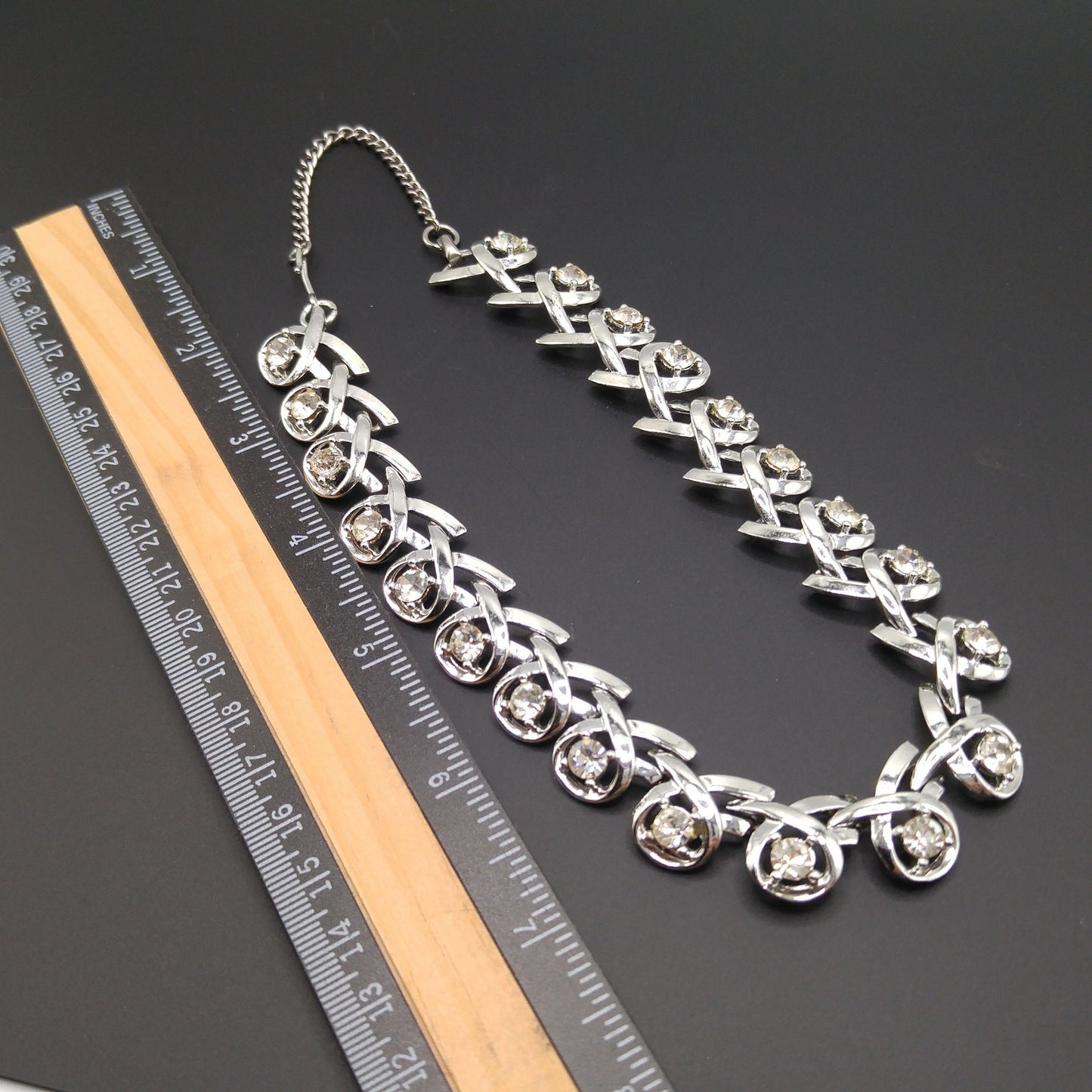 Clear Rhinestone Choker Necklace, Rhodium Plated, 1960s Vintage Jewelry