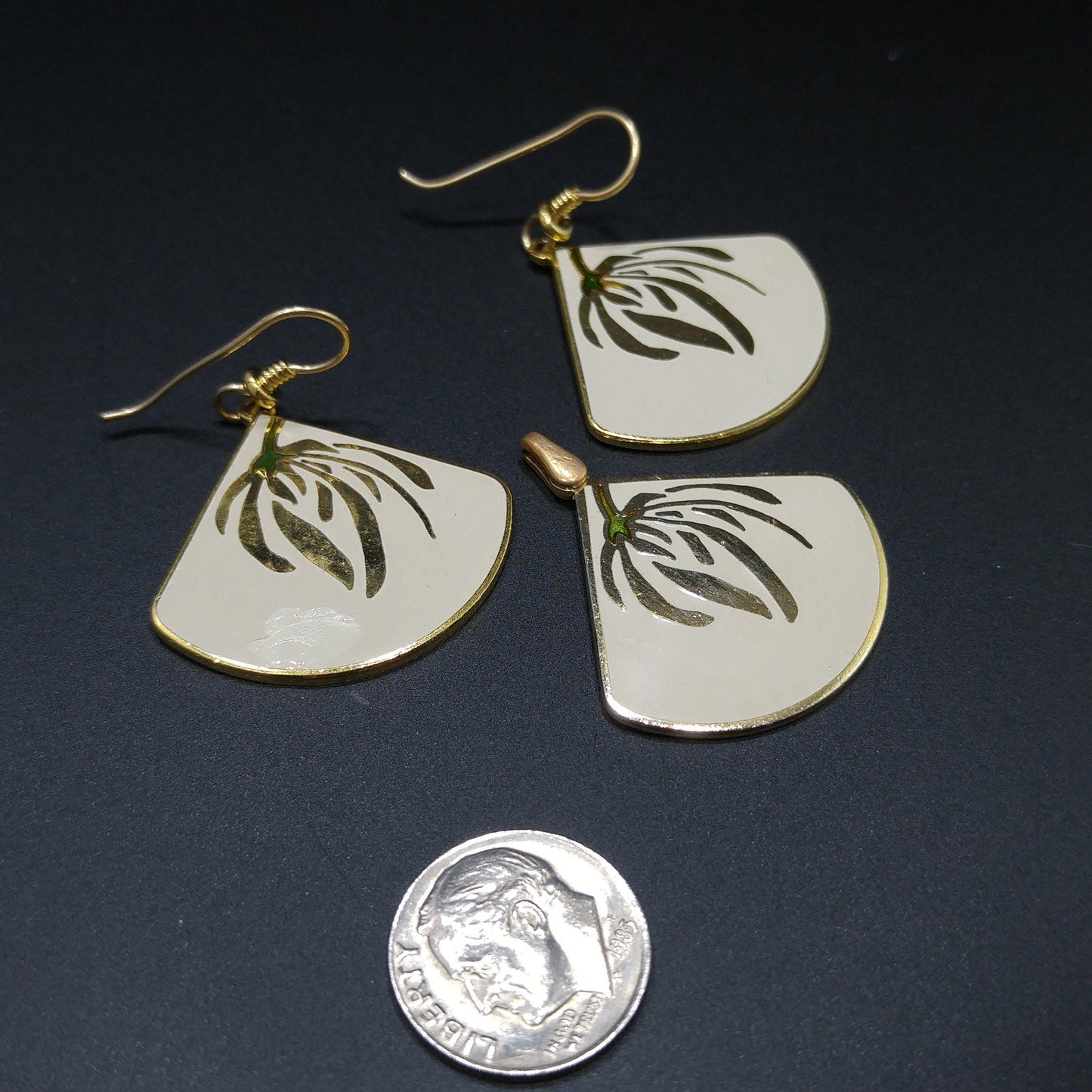 Laurel Burch Willow Earrings & Pendant, Creamy White Enamel, Gold Plated, 1980s Vintage Jewelry