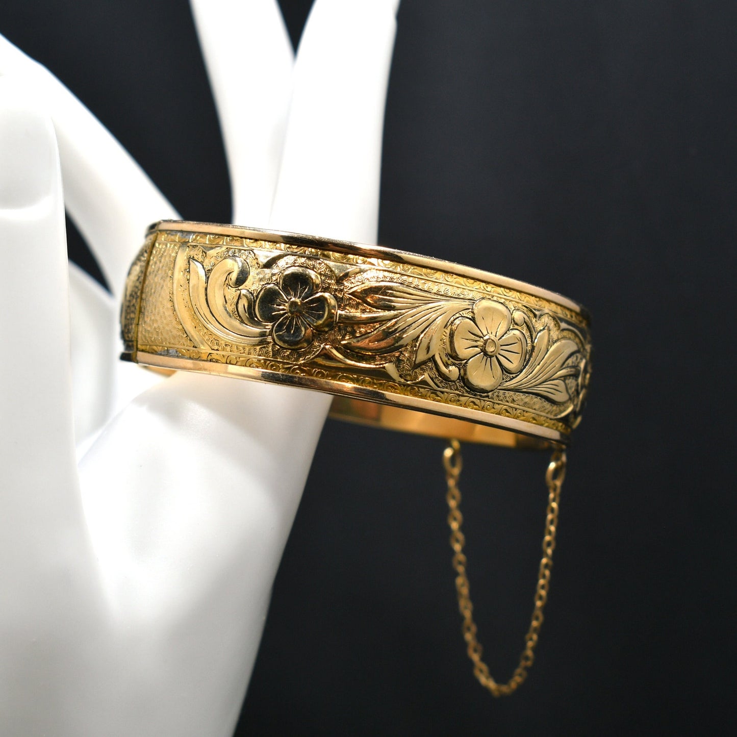 S O Bigney Gold Filled Floral Hinged Bracelet, Safety Chain, 1930s Vintage Jewelry