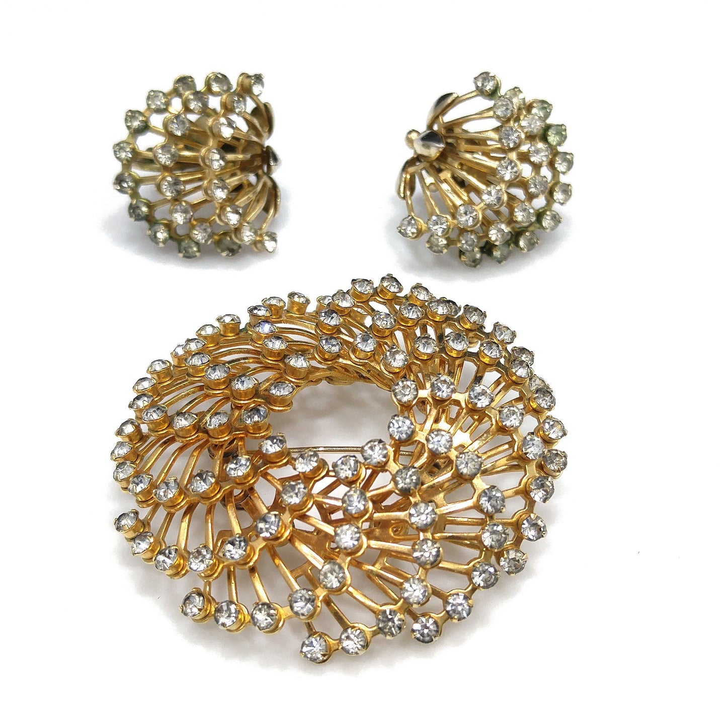 Vintage Hattie Carnegie Rhinestone Brooch & Earrings, Gold Plated, 1950s