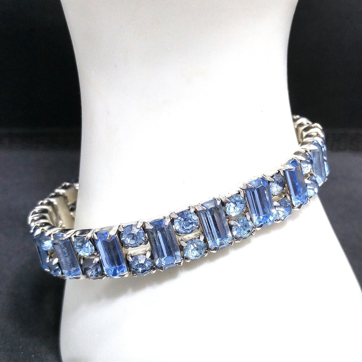 Vintage Weiss Light Blue Rhinestone Cuff Bracelet, Rhodium Plated, 1960s