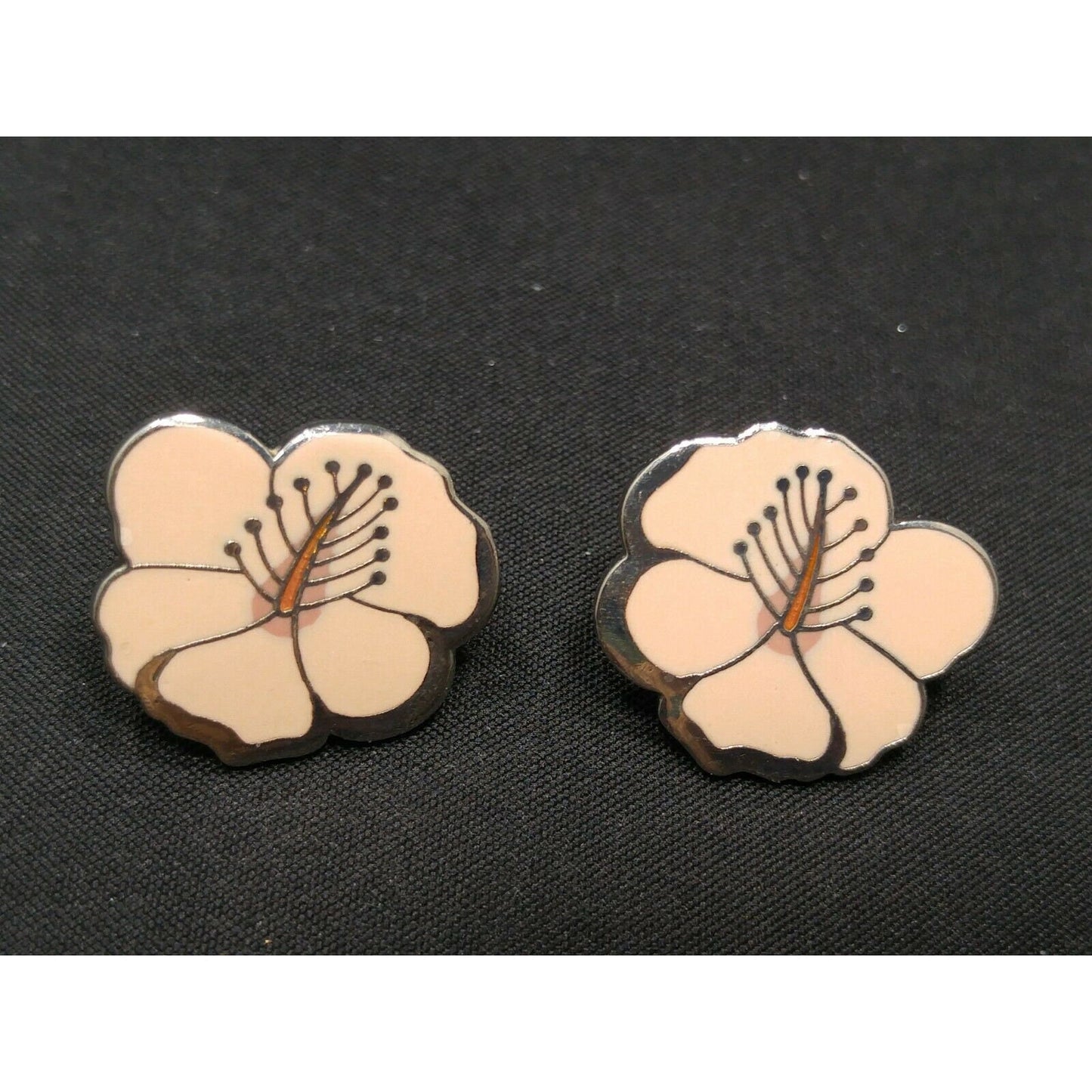 Laurel Burch "Hibiscus" Pink Post Earrings, Rhodium Plated Silver Tone, 1980s