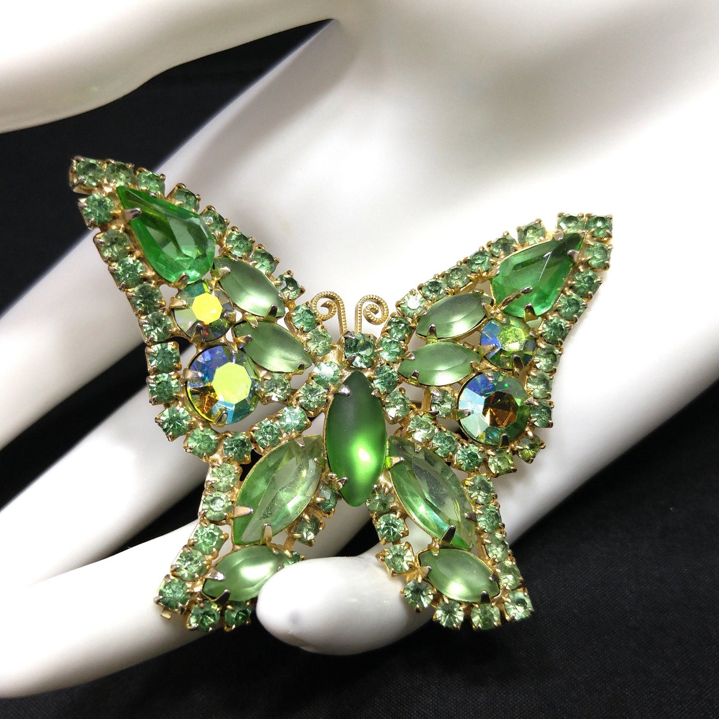 Vintage Weiss Peridot Green Rhinestone Butterfly Brooch, Uranium Glass, Gold Plated, 1950s