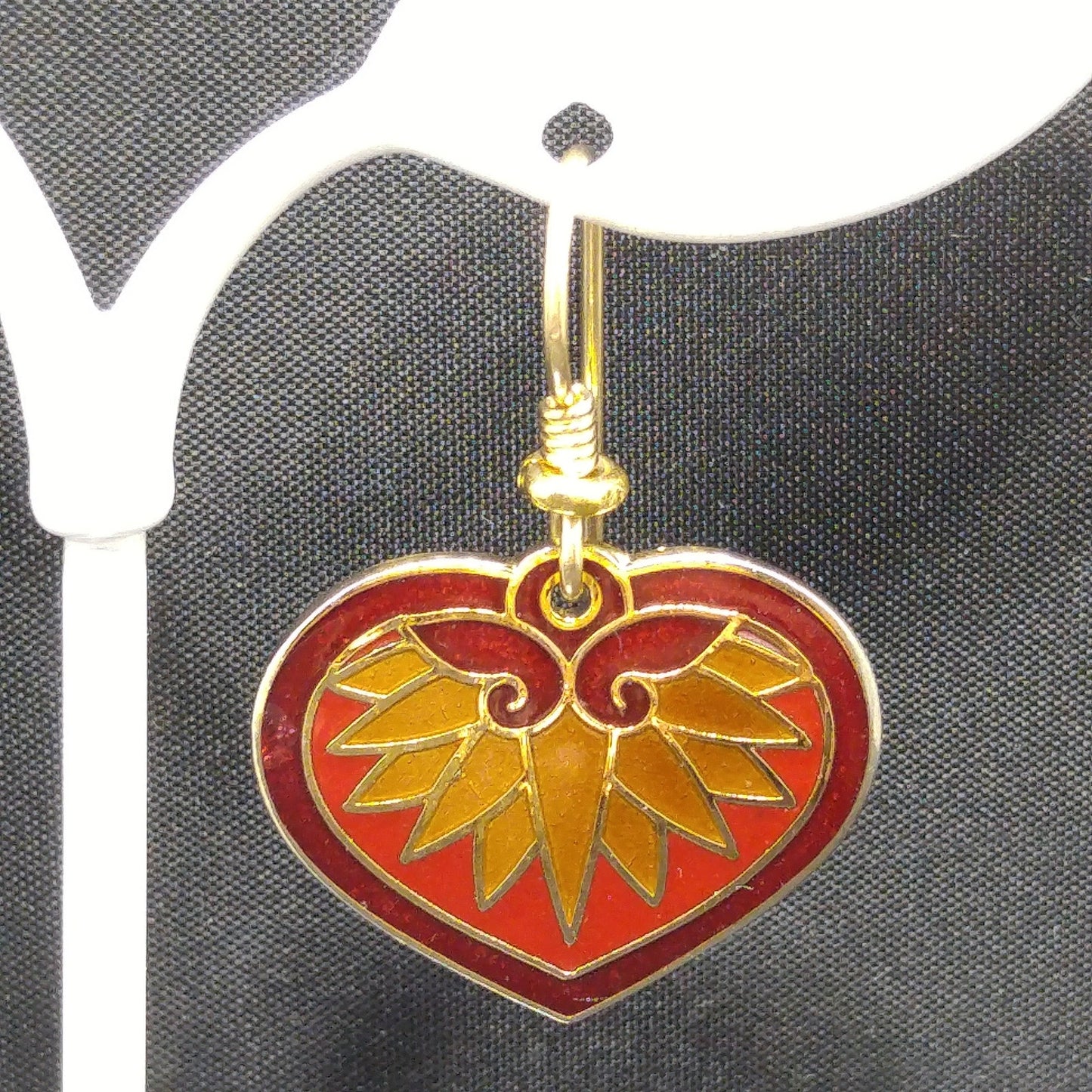 Vintage Laurel Burch Hollyhock Floral Earrings, Gold Plated Cloisonne, Red Enamel