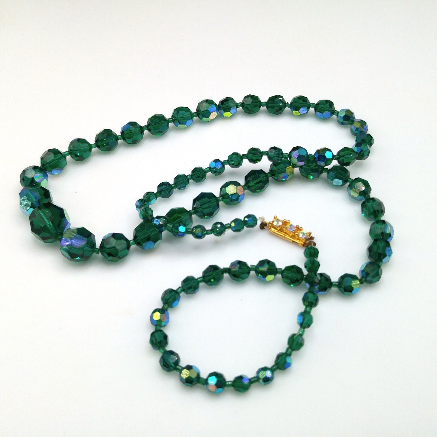Dark Green Crystal Necklace, Aurora Borealis, Rhinestone Clasp, 1960s Vintage Jewelry
