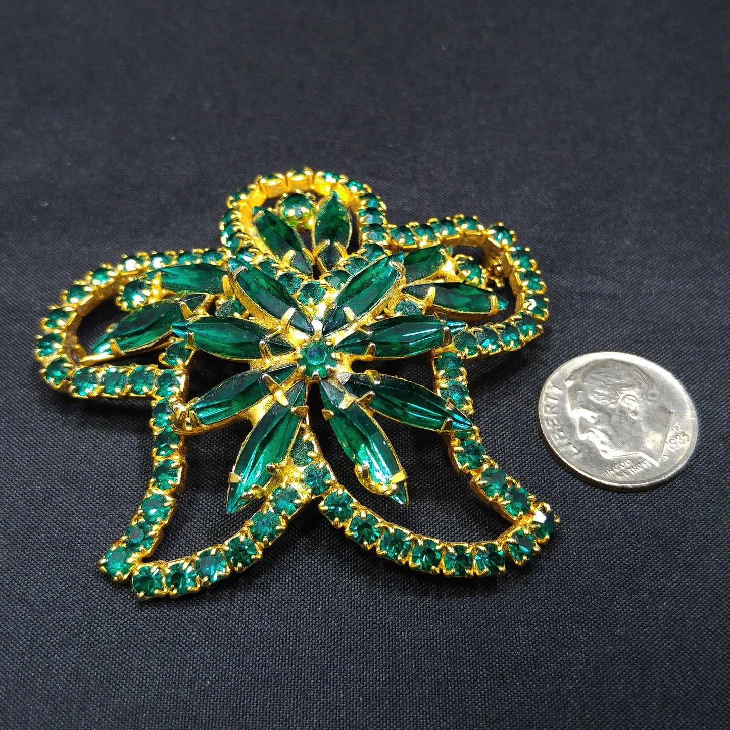 Green Rhinestone Floral Brooch, Gold Plated, 1960s Vintage Jewelry