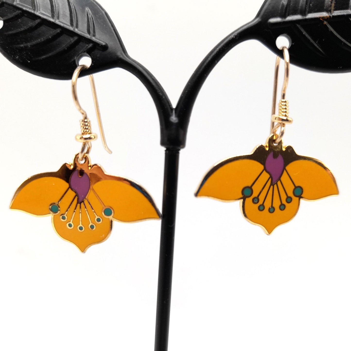 Laurel Burch "Desert Flower" Earrings, Golden Yellow Enamel, Gold Plated Cloisonne, 1980s Vintage Jewelry