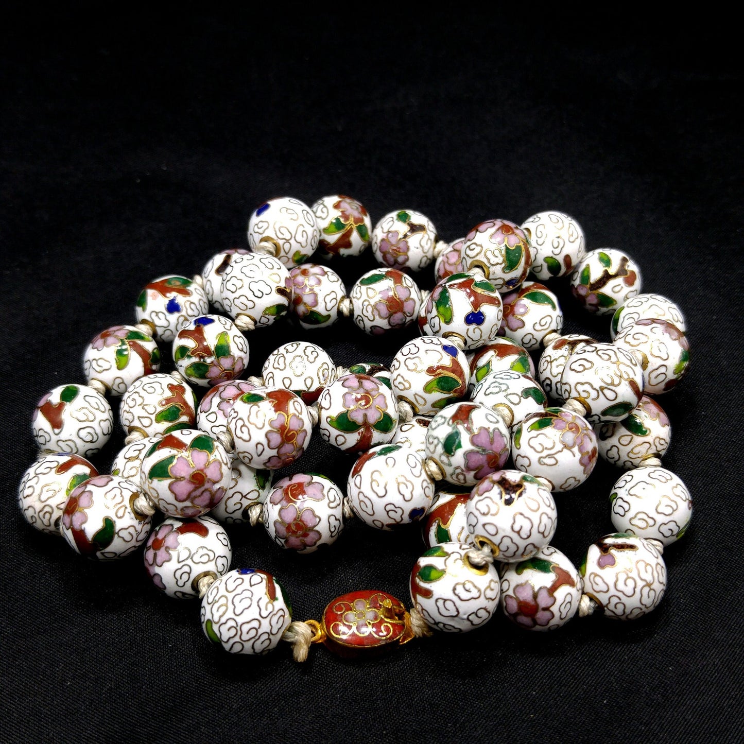 Vintage Cloisonne Beaded Necklace, Hand Knotted, Hand Painted Floral Beads, 1960s Vintage Jewelry