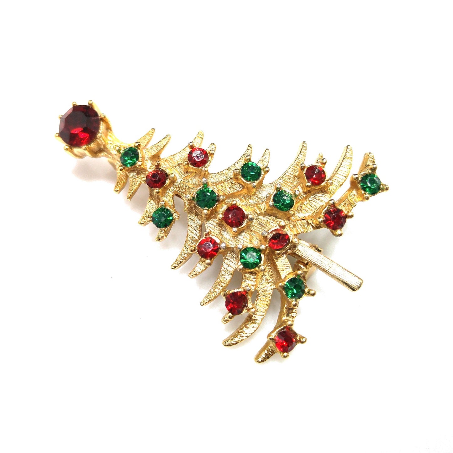 Vintage Christmas Tree Brooch – 1950s 1960s Gold-Plated Holiday Pin with Red & Green Rhinestones