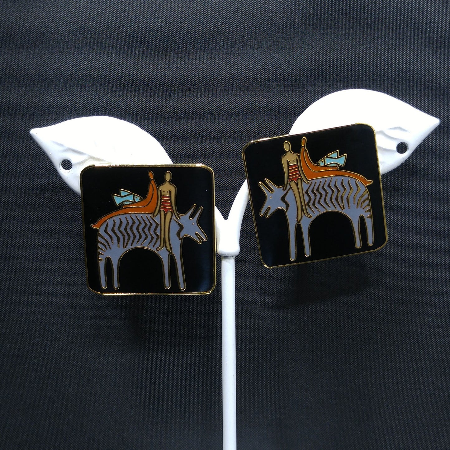Laurel Burch "Fantasy Friends" Post Earrings, Gold Plated, 1980s Vintage Jewelry