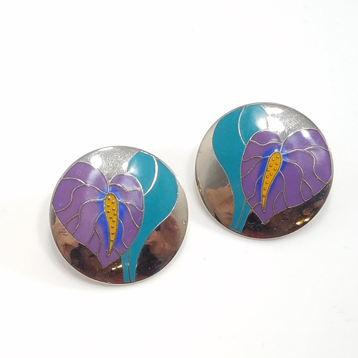 Vintage Laurel Burch "Antherium" Earrings, Rhodium Plated, 1980s Vintage Jewelry