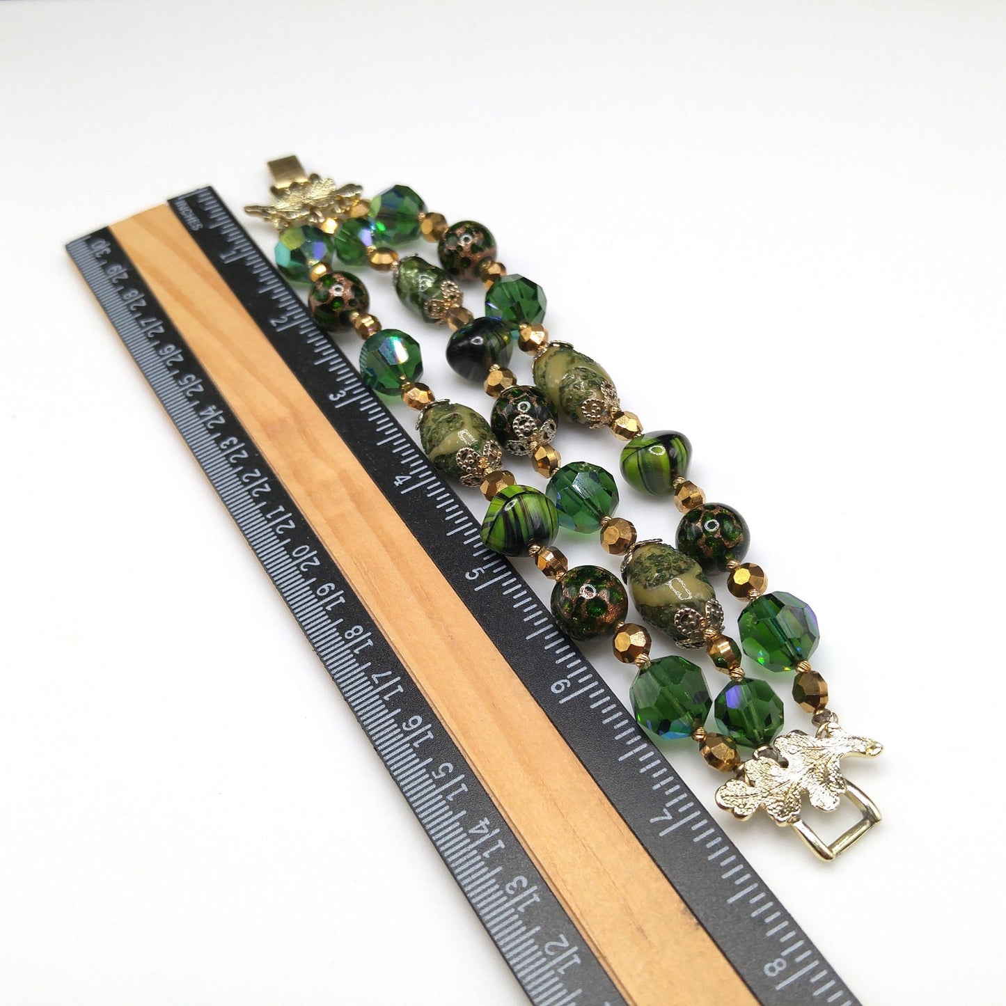 Vintage Vendome Green Crystal Art Bead Bracelet, Three Strands, 1960s