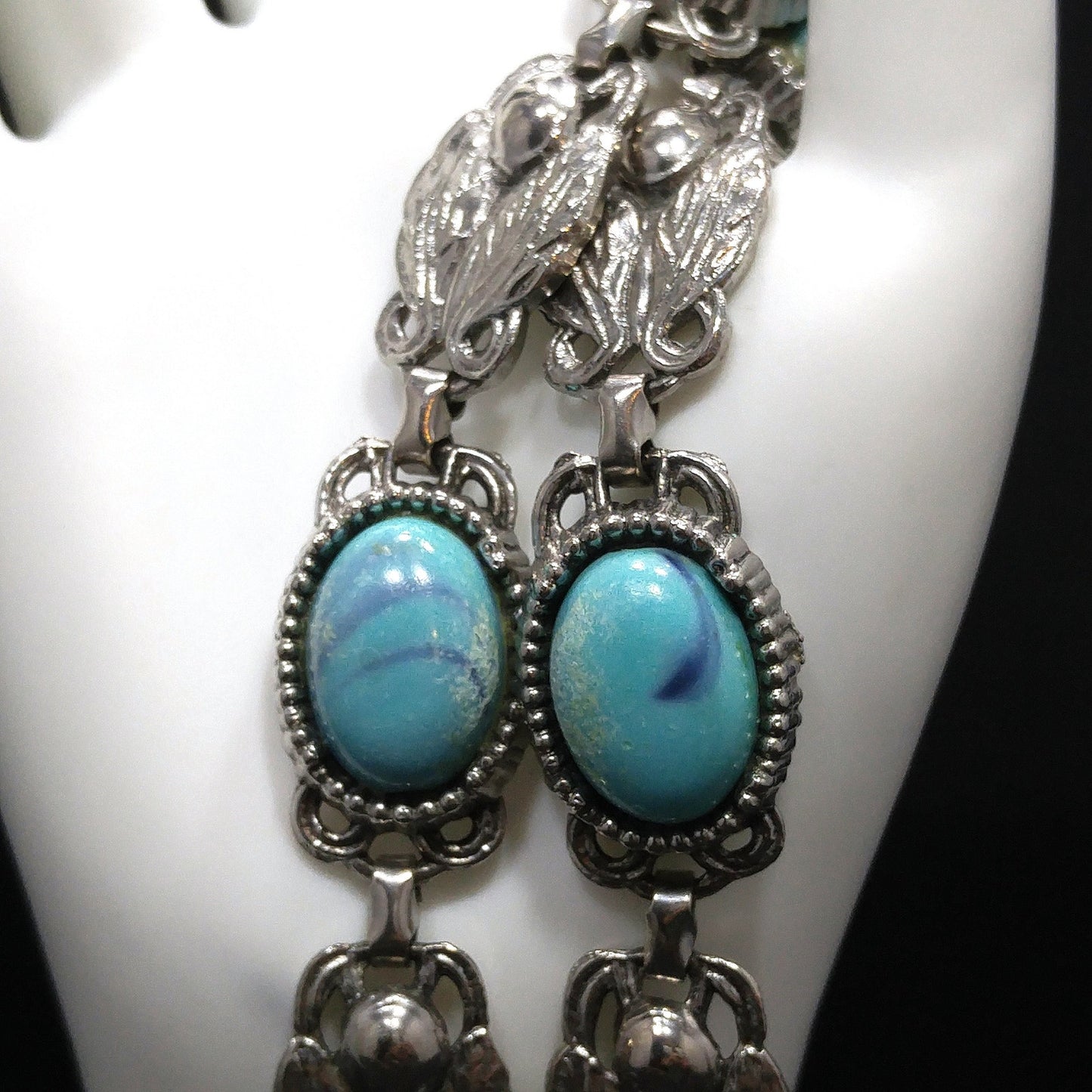 Lucite Faux Turquoise Double Strand Bracelet, Silver Leaves, 1950s Vintage Jewelry