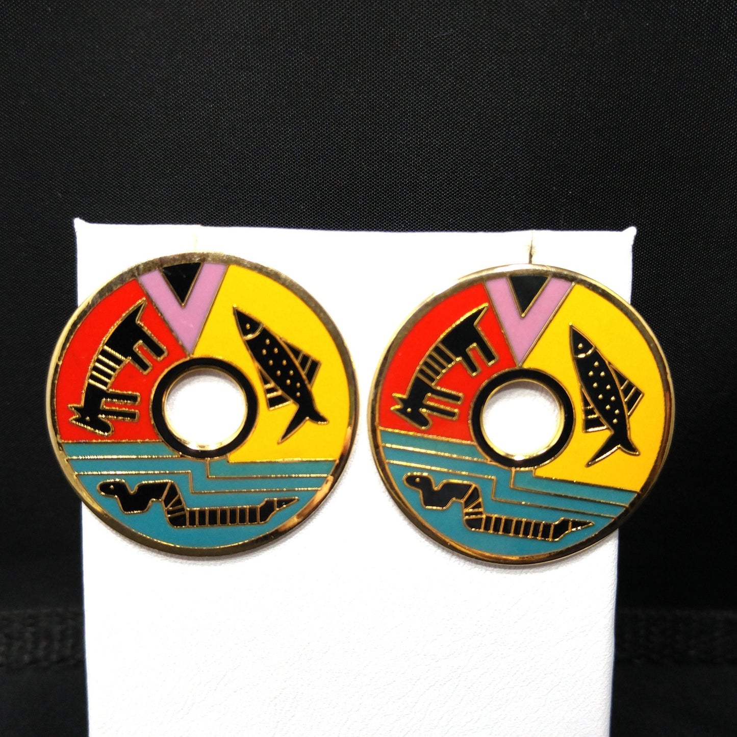 Laurel Burch "Artifact" Post Earrings, Fish Snake Dog Enamel Cloisonne, 1980s Vintage Jewelry