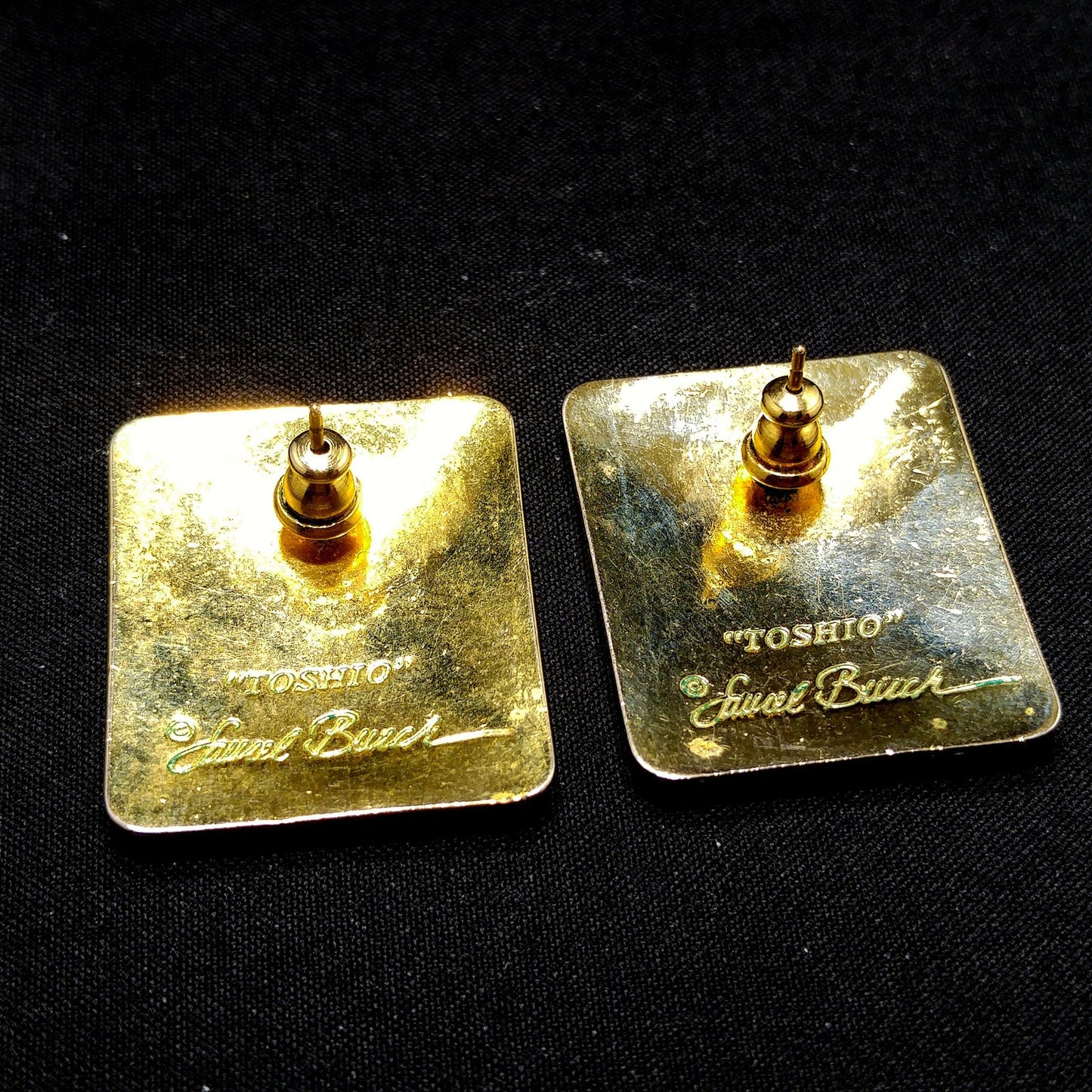 Laurel Burch "Toshio" Post Earrings, Gold Plated & Enamel Cloisonné, 1980s Vintage Jewelry