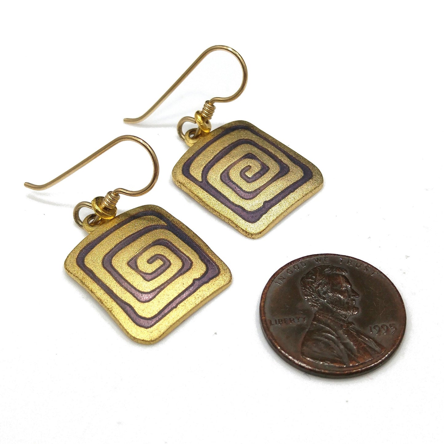Vintage Laurel Burch "Rhythm" Earrings, Gold Plated, Brown Enamel