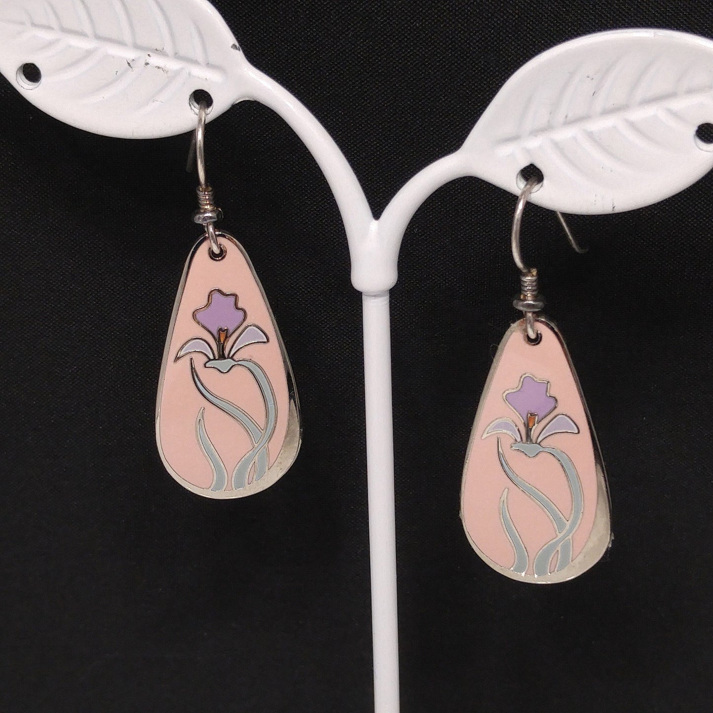 Laurel Burch "Wild Iris" Pink Enamel Earrings, Silver Tone, Gold Plated, 1980s