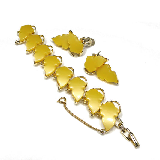 Yellow Thermoset Leaves Bracelet & Earrings, Gold Plated, Ear Climbers, 1960s Vintage Jewelry