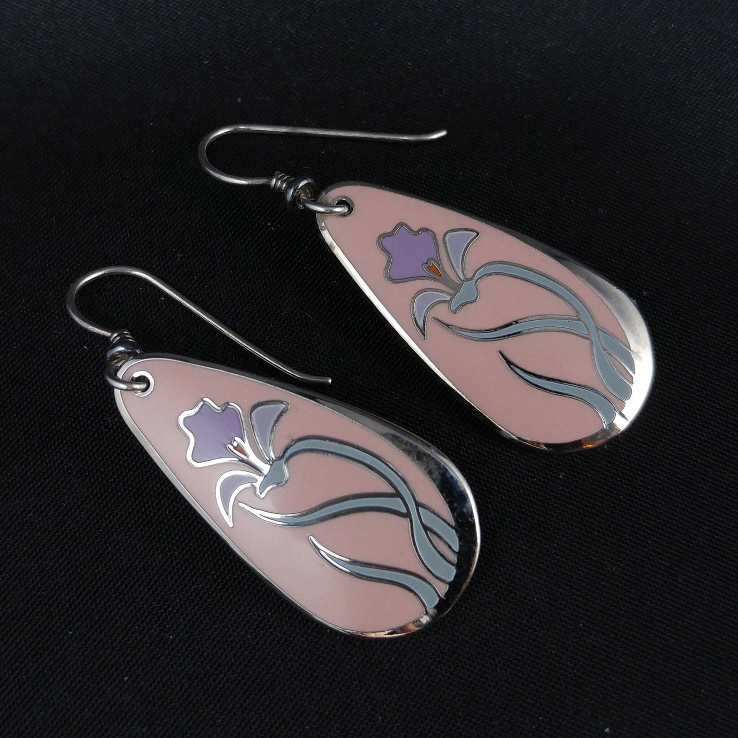Laurel Burch "Wild Iris" Pink Enamel Earrings, Silver Tone, Gold Plated, 1980s