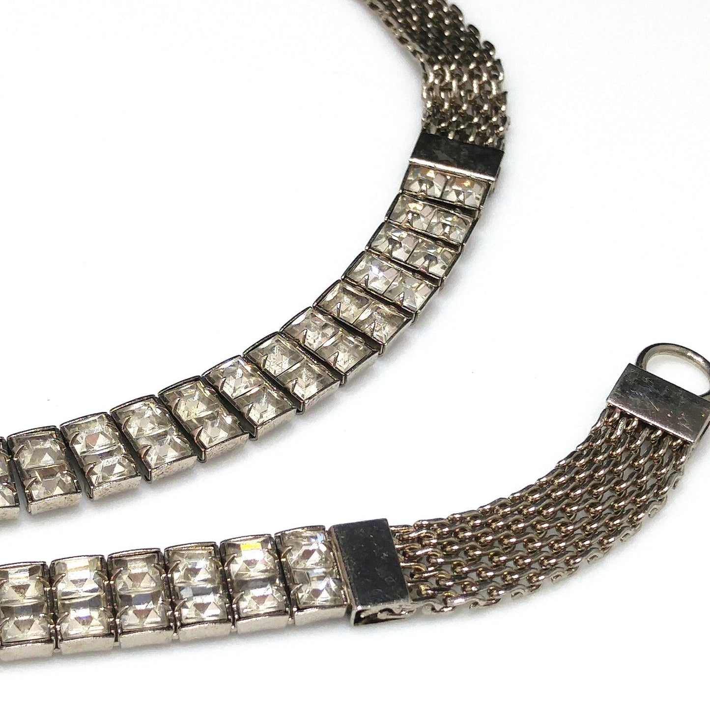 Art Deco Clear Rhinestone Choker Necklace Bracelet Set, Silver Tone Mesh, 1950s Vintage Jewelry