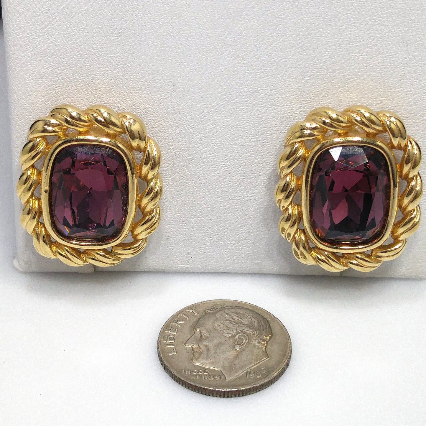 Swarovski S.A.L. Earrings, Purple Crystal Clip Ons, Gold Rope Design, 1970s Vintage Jewelry