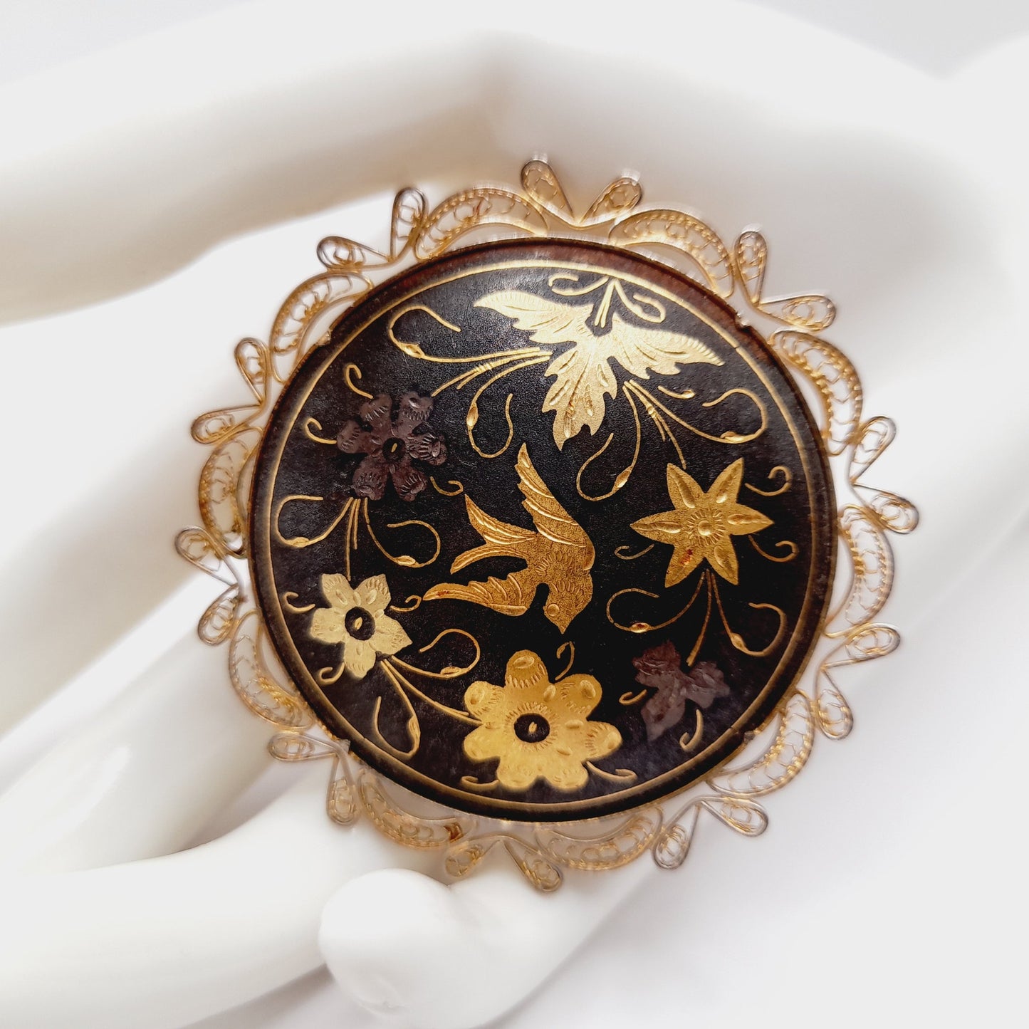 Vintage Spanish Damascene Filigree Bird Flower Gold Inlay Brooch – 2 1/4”