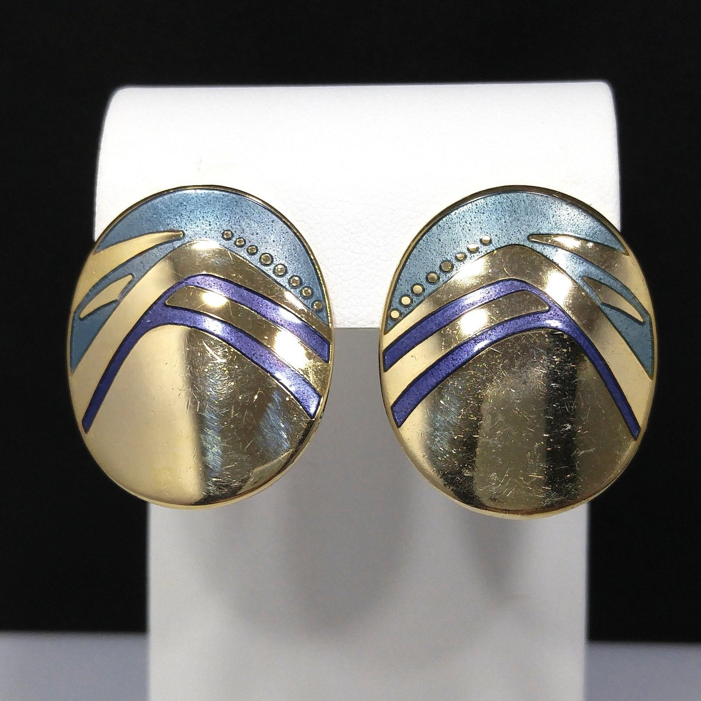 Laurel Burch Blue Metallic Oval Post Earrings, Gold Plated, 1980s Vintage