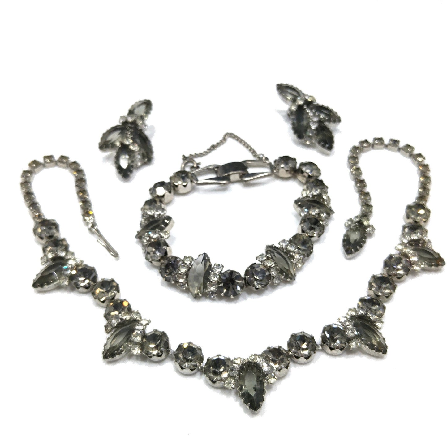 Black Diamond & Clear Rhinestone Jewelry Set, Necklace Bracelet Clip Earrings, 1950s Vintage Jewelry