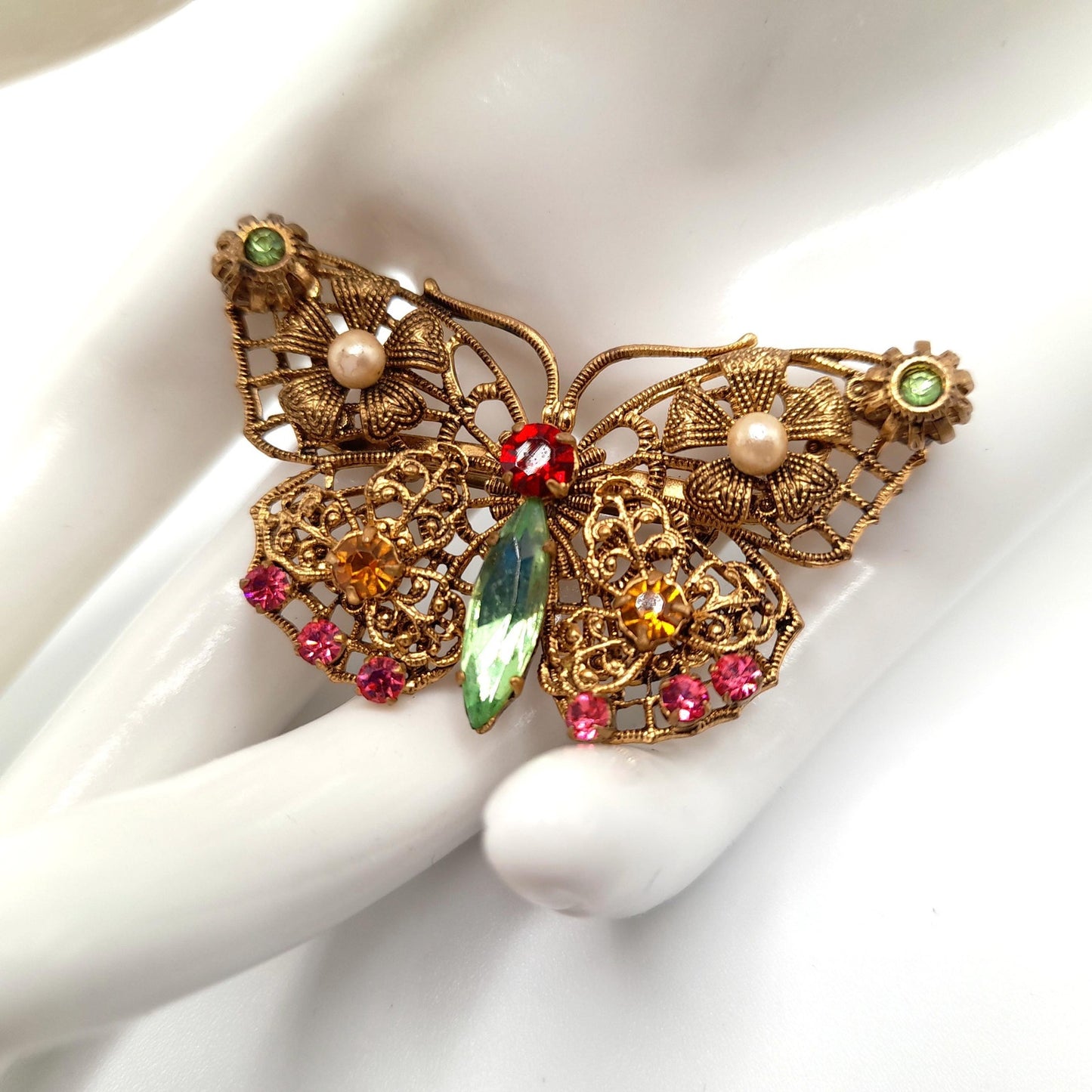 Vintage Filigree Butterfly Brooch, Czech Multicolored Rhinestones, Faux Pearls, 1940s