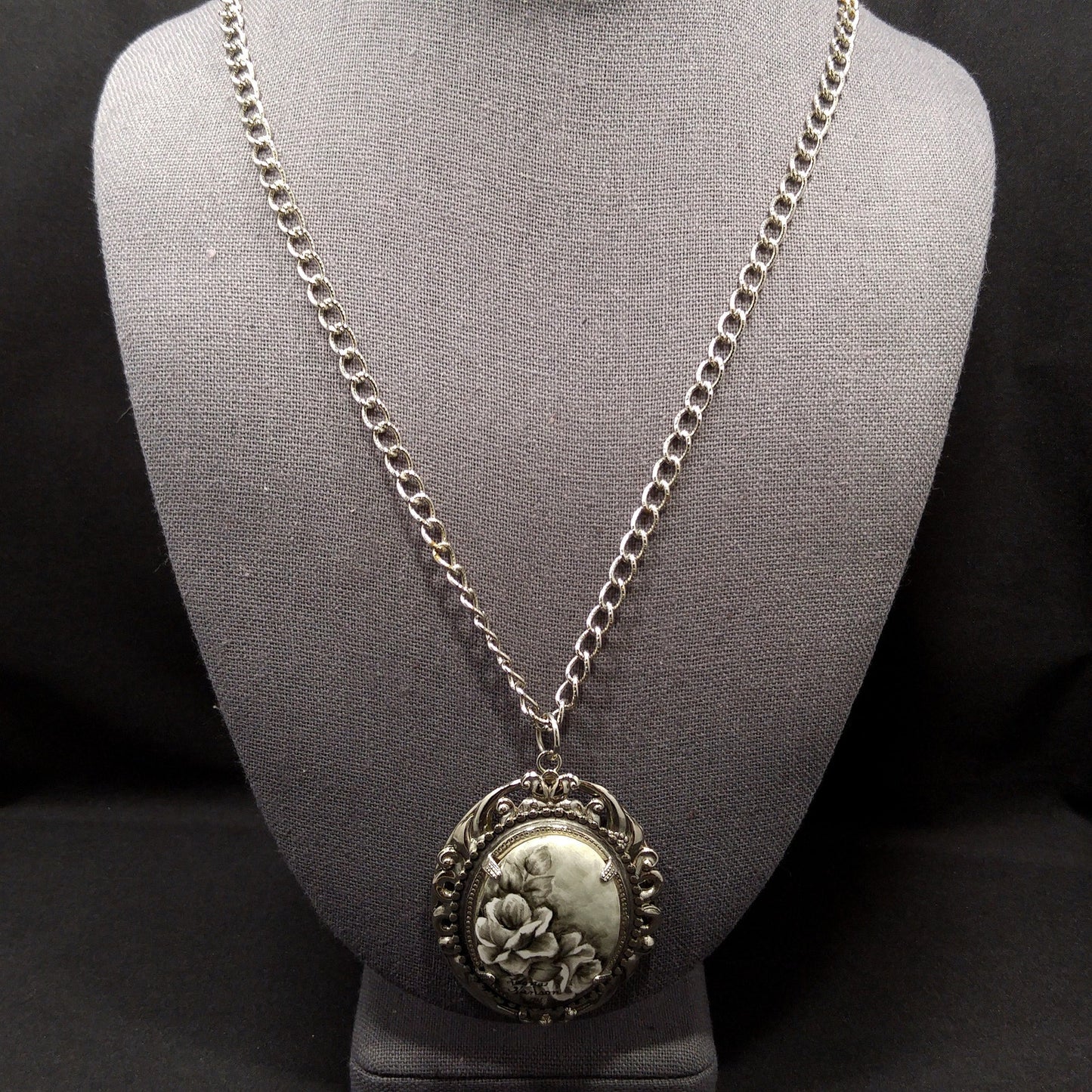 Hand Painted Monochrome Flower Pendant Necklace, Signed & Dated, 1970s Vintage Jewelry