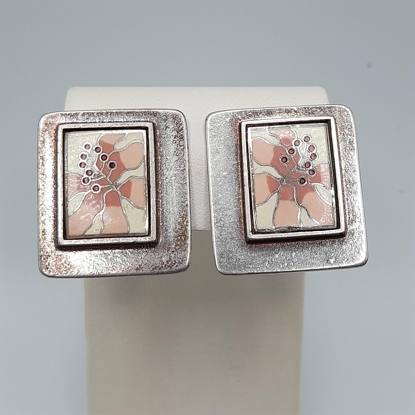 Laurel Burch Pink Flower Clip Earrings, Silver Plate, Cloisonne Enamel, 1980s Vintage Jewelry