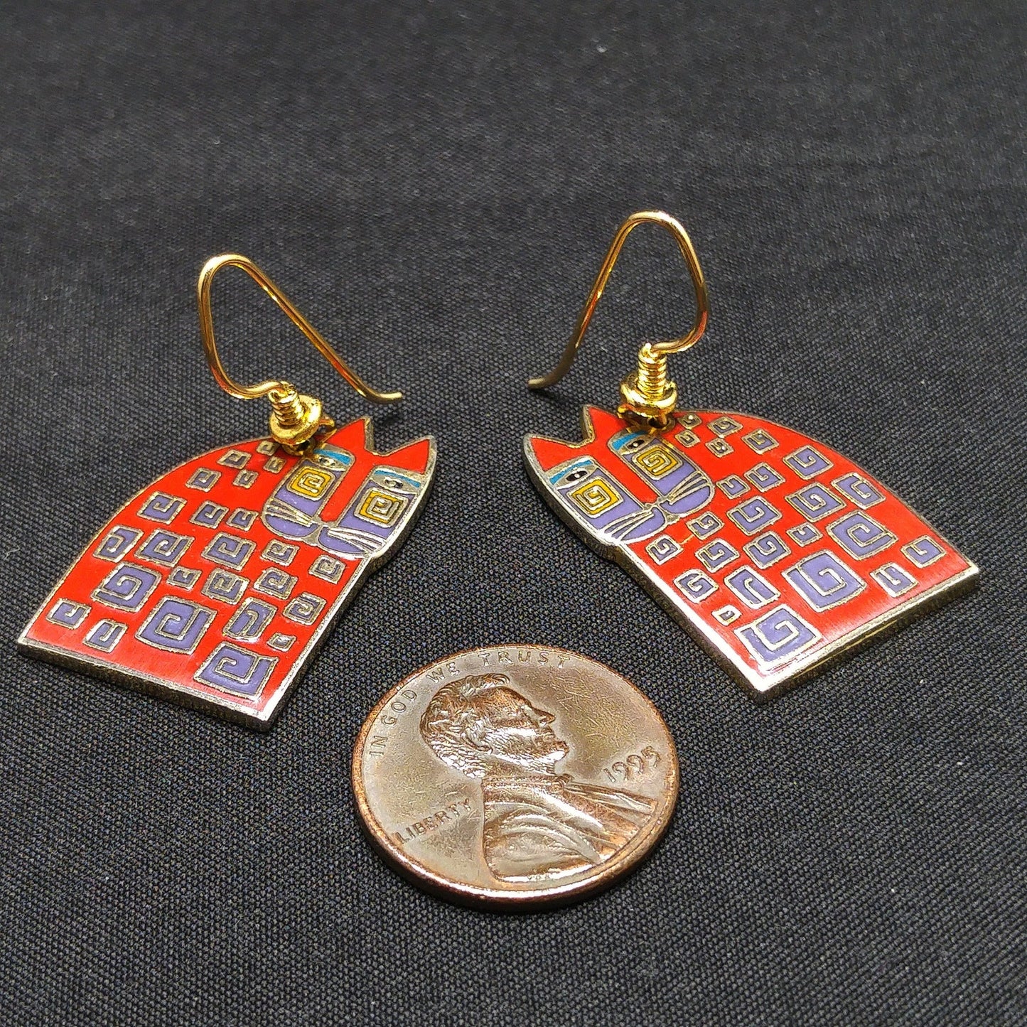 Laurel Burch "Red Cat" Earrings, Gold Plated, Red Enamel, 1980s Vintage Jewelry
