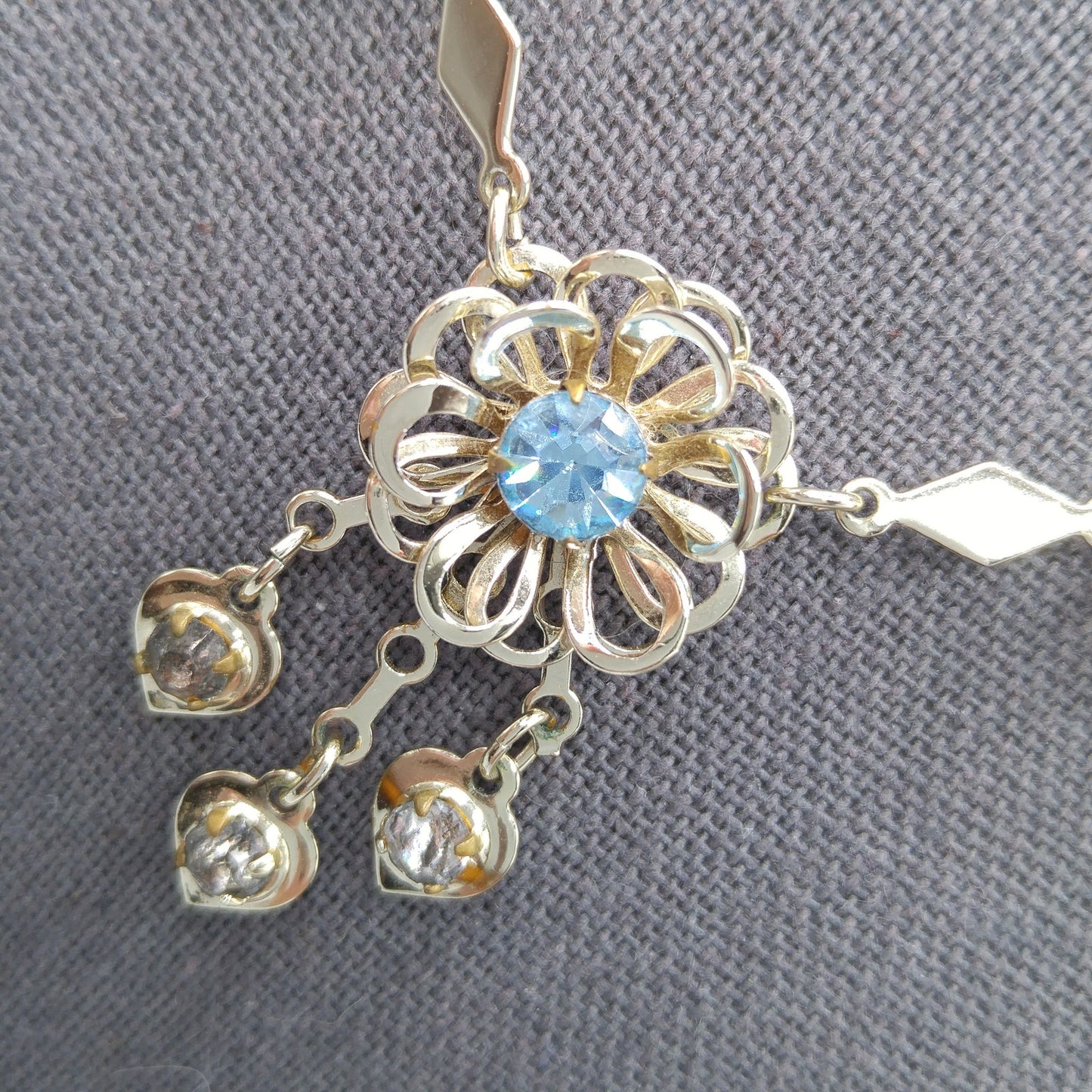 Mid-Century Floral Necklace, Light Blue Rhinestones, Gold Plated, 1950s Vintage Jewelry