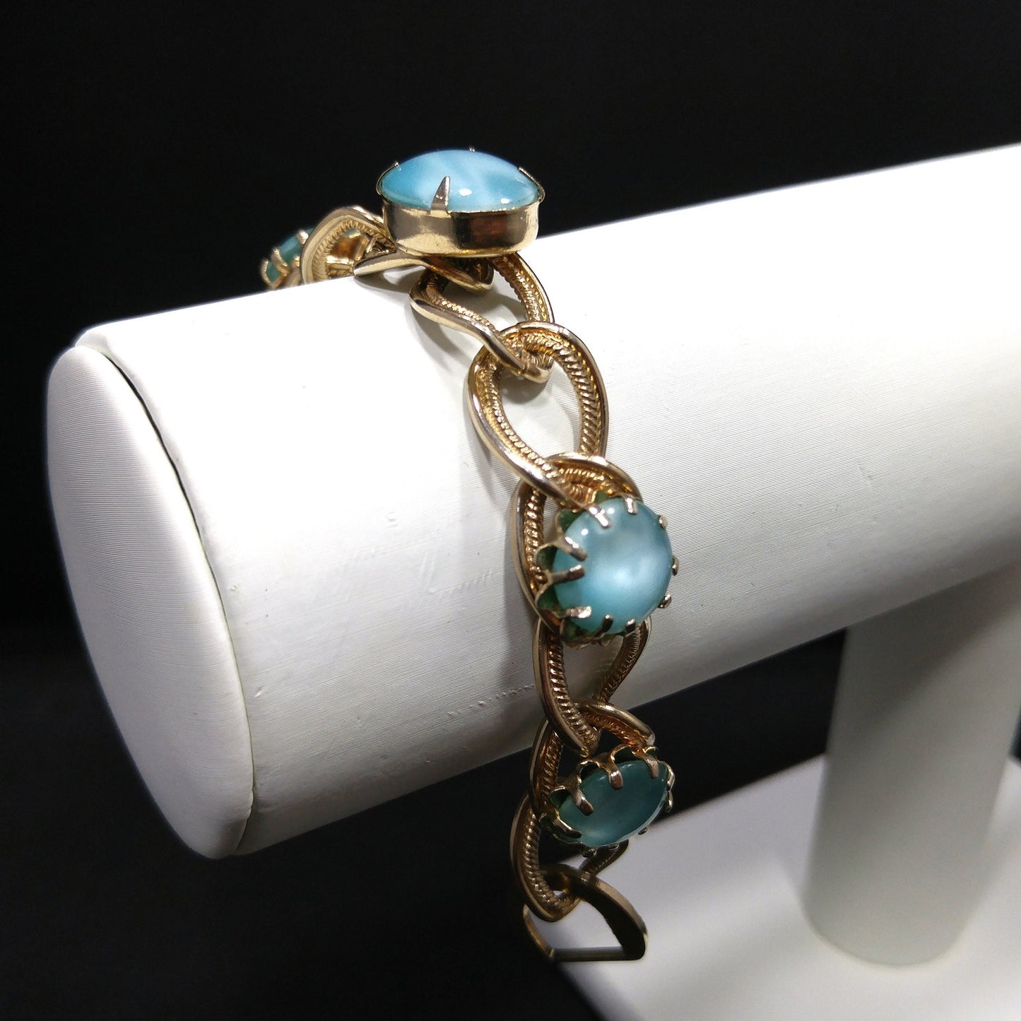 Mid-century Turquoise Art Glass Cabochon Bracelet, Gold Tone, 1950s Vintage Jewelry